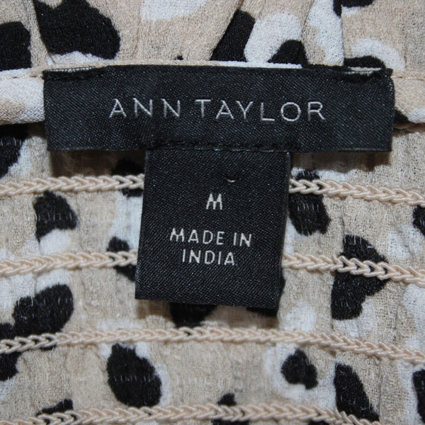 Ann Taylor Top Sz M Brown Black White Animal Print Ruched Neck 100% Poly Top