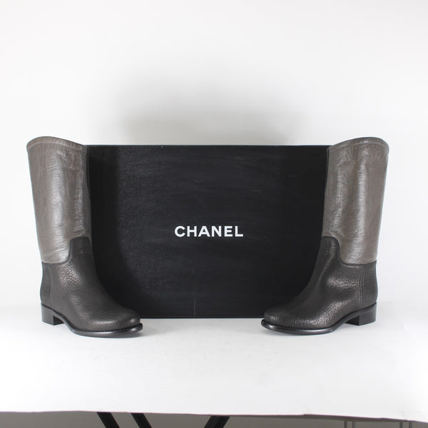 Chanel Boots NEW Bottes Sz 36.5 Black Brown Pull On Leather Calf Boots