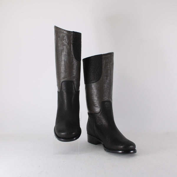 Chanel Boots NEW Bottes Sz 36.5 Black Brown Pull On Leather Calf Boots