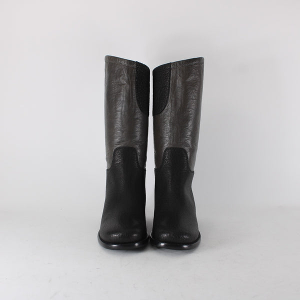 Chanel Boots NEW Bottes Sz 36.5 Black Brown Pull On Leather Calf Boots