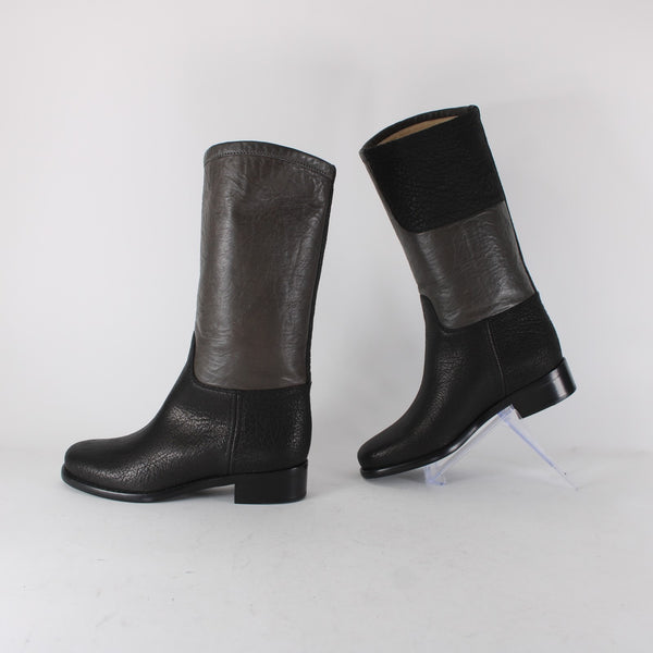 Chanel Boots NEW Bottes Sz 36.5 Black Brown Pull On Leather Calf Boots