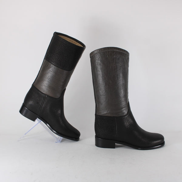 Chanel Boots NEW Bottes Sz 36.5 Black Brown Pull On Leather Calf Boots