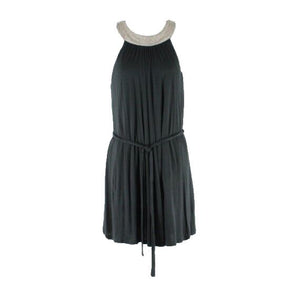 Velvet NWT $196 Sz M Black Taupe Beaded Grecian Collar Belted Halter Dress