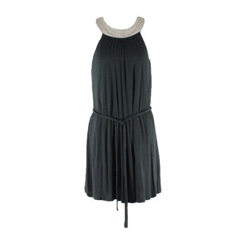 Velvet NWT $196 Sz M Black Taupe Beaded Grecian Collar Belted Halter Dress