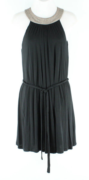 Velvet NWT $196 Sz M Black Taupe Beaded Grecian Collar Belted Halter Dress