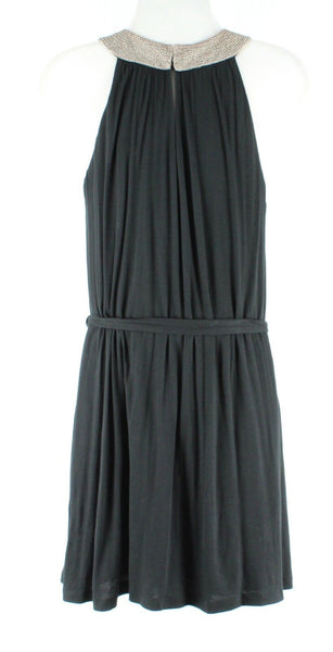 Velvet NWT $196 Sz M Black Taupe Beaded Grecian Collar Belted Halter Dress