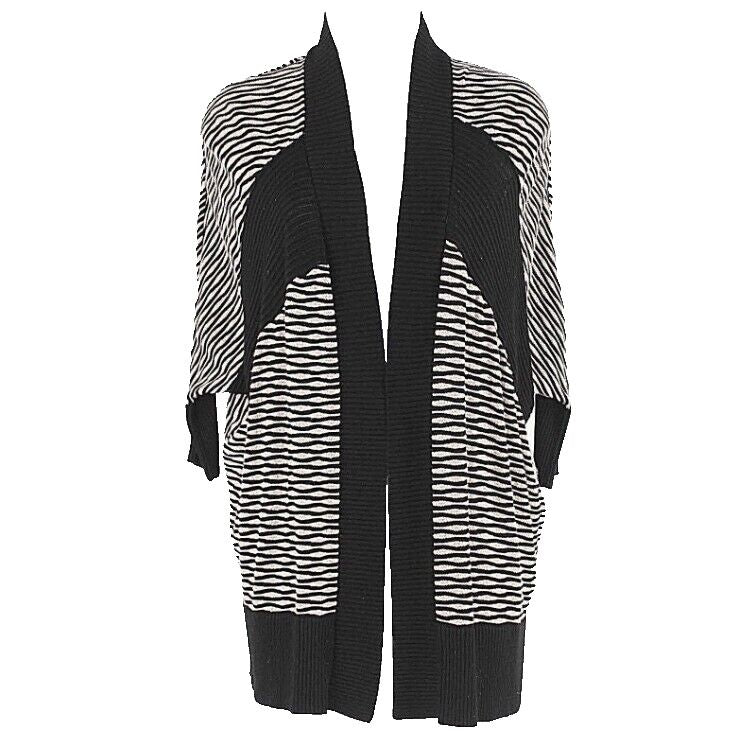 Fate Sz L Black Tan Dolman Sleeve Open Front Stripe Modal Cotton Cardigan
