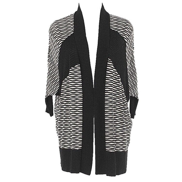 Fate Sz L Black Tan Dolman Sleeve Open Front Stripe Modal Cotton Cardigan