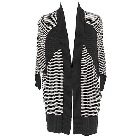 Fate Sz L Black Tan Dolman Sleeve Open Front Stripe Modal Cotton Cardigan