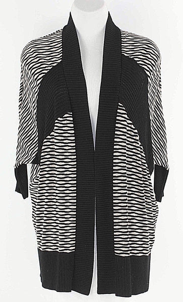 Fate Sz L Black Tan Dolman Sleeve Open Front Stripe Modal Cotton Cardigan