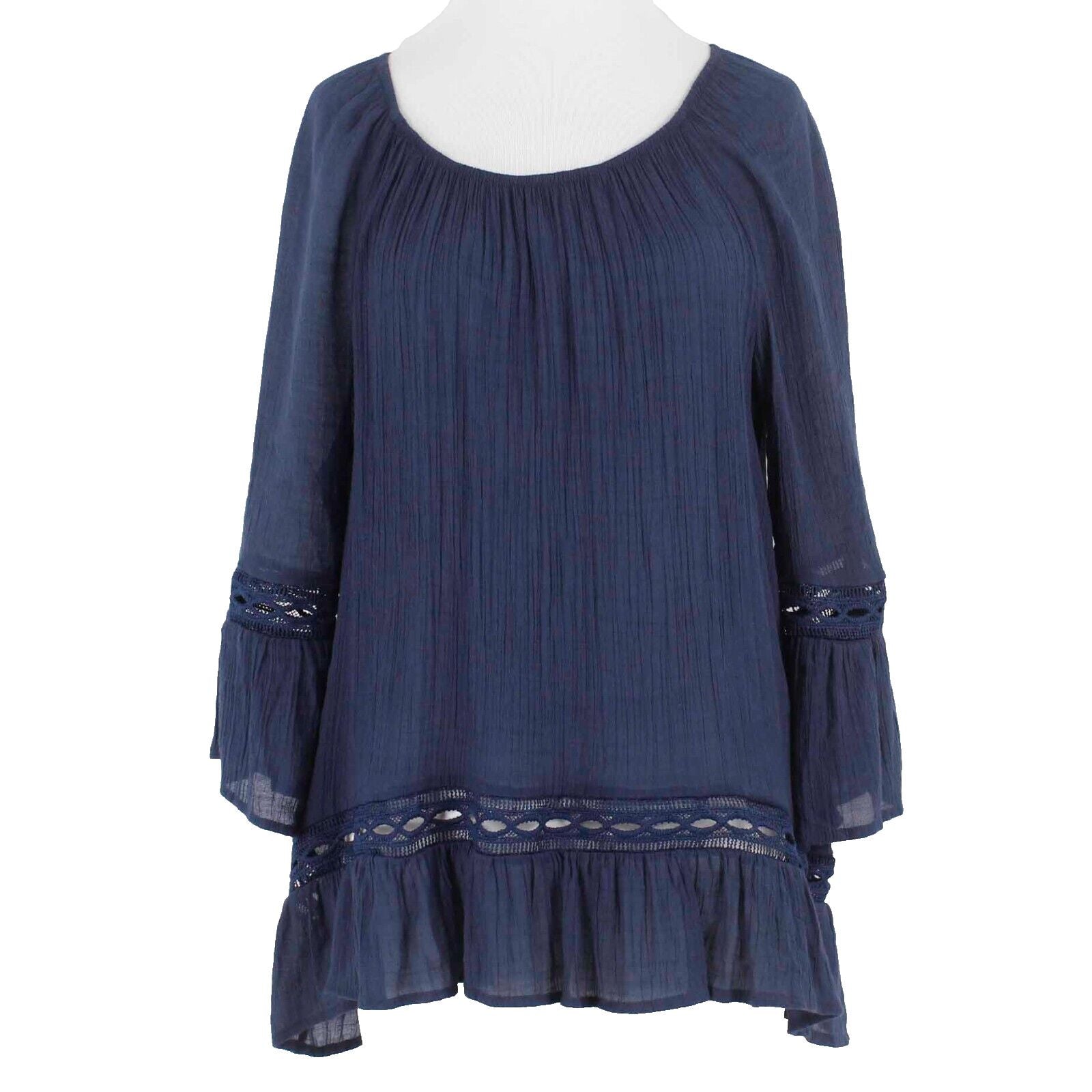 Zac Rachel Sz L Navy Blue Hi Lo Ruffle Lace Insert Poly Blend Woven Pullover Top
