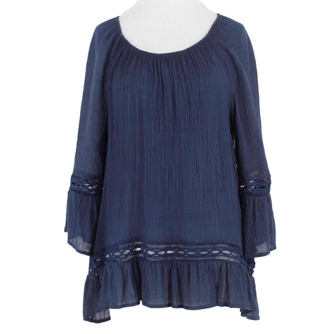 Zac Rachel Sz L Navy Blue Hi Lo Ruffle Lace Insert Poly Blend Woven Pullover Top