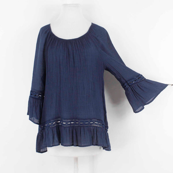 Zac Rachel Sz L Navy Blue Hi Lo Ruffle Lace Insert Poly Blend Woven Pullover Top