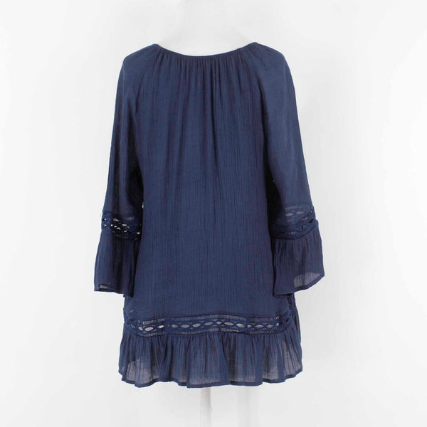 Zac Rachel Sz L Navy Blue Hi Lo Ruffle Lace Insert Poly Blend Woven Pullover Top
