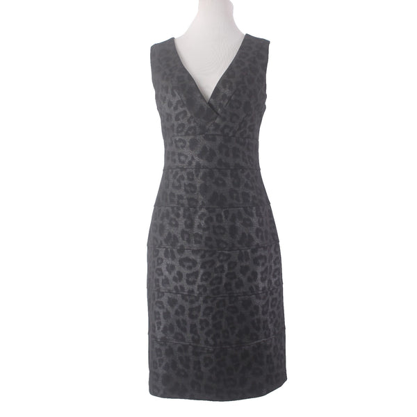 Emma Michele Dress Sz 12 Black Metallic Animal Print V Neck Polyester Rayon