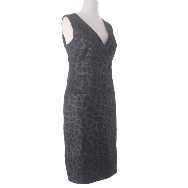 Emma Michele Dress Sz 12 Black Metallic Animal Print V Neck Polyester Rayon