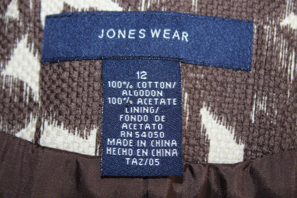Jones Wear NEW $43 Sz 12 Ivory Brown Lined 100% Cotton Acetate Jacket