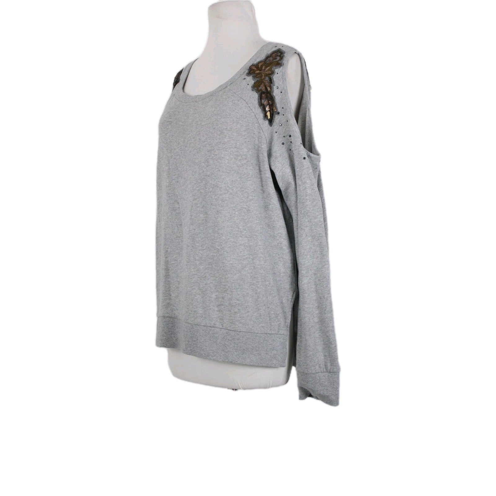 Shyanne Sz L Gray Brown Sequin Mesh Cold Shoulder 100% Cotton Sweater