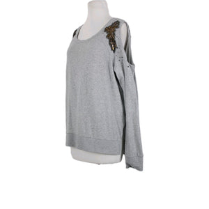 Shyanne Sz L Gray Brown Sequin Mesh Cold Shoulder 100% Cotton Sweater