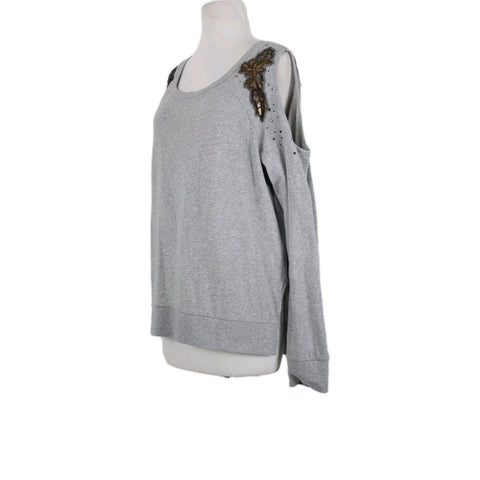 Shyanne Sz L Gray Brown Sequin Mesh Cold Shoulder 100% Cotton Sweater