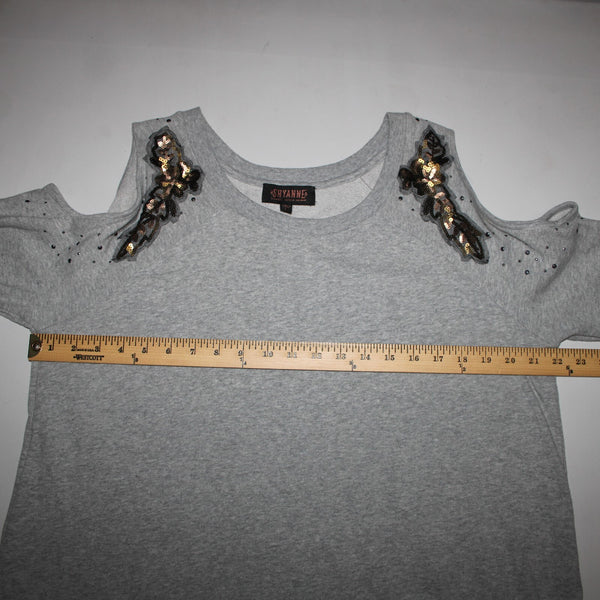 Shyanne Sz L Gray Brown Sequin Mesh Cold Shoulder 100% Cotton Sweater