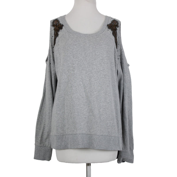 Shyanne Sz L Gray Brown Sequin Mesh Cold Shoulder 100% Cotton Sweater