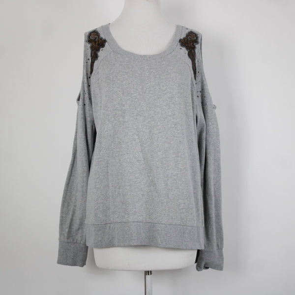 Shyanne Sz L Gray Brown Sequin Mesh Cold Shoulder 100% Cotton Sweater