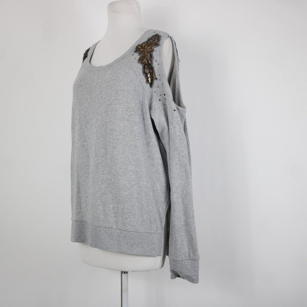 Shyanne Sz L Gray Brown Sequin Mesh Cold Shoulder 100% Cotton Sweater