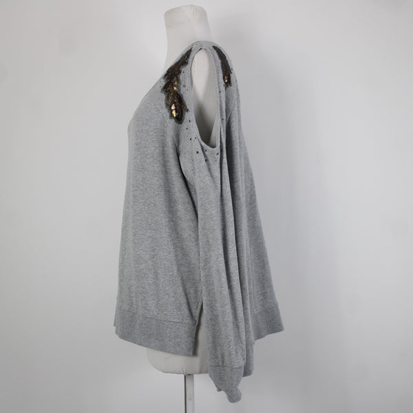 Shyanne Sz L Gray Brown Sequin Mesh Cold Shoulder 100% Cotton Sweater