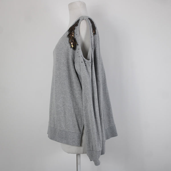 Shyanne Sz L Gray Brown Sequin Mesh Cold Shoulder 100% Cotton Sweater