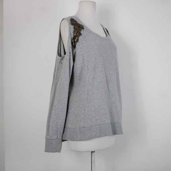 Shyanne Sz L Gray Brown Sequin Mesh Cold Shoulder 100% Cotton Sweater