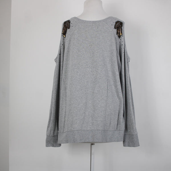 Shyanne Sz L Gray Brown Sequin Mesh Cold Shoulder 100% Cotton Sweater