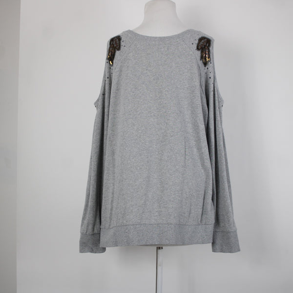 Shyanne Sz L Gray Brown Sequin Mesh Cold Shoulder 100% Cotton Sweater