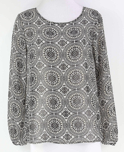 Blue Rain Sz S Black Tan White Open Back Crochet Detail Sheer Poly Top