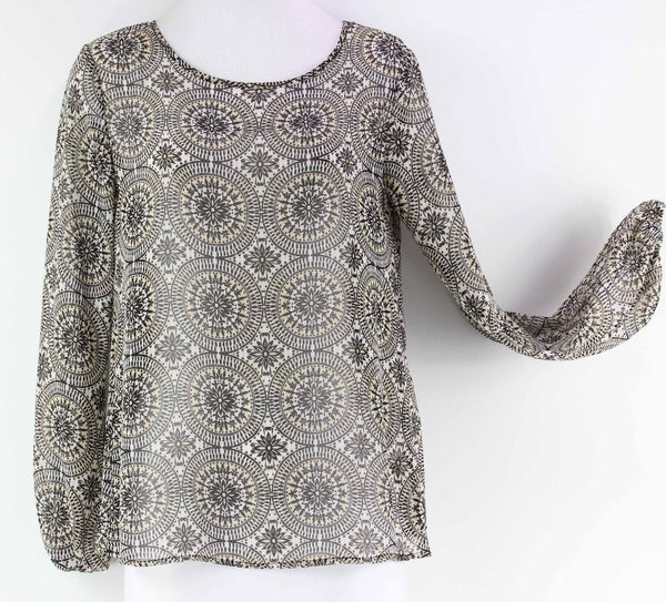 Blue Rain Sz S Black Tan White Open Back Crochet Detail Sheer Poly Top