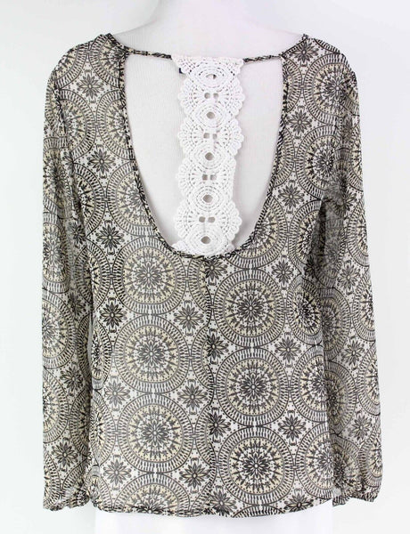 Blue Rain Sz S Black Tan White Open Back Crochet Detail Sheer Poly Top