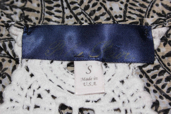 Blue Rain Sz S Black Tan White Open Back Crochet Detail Sheer Poly Top