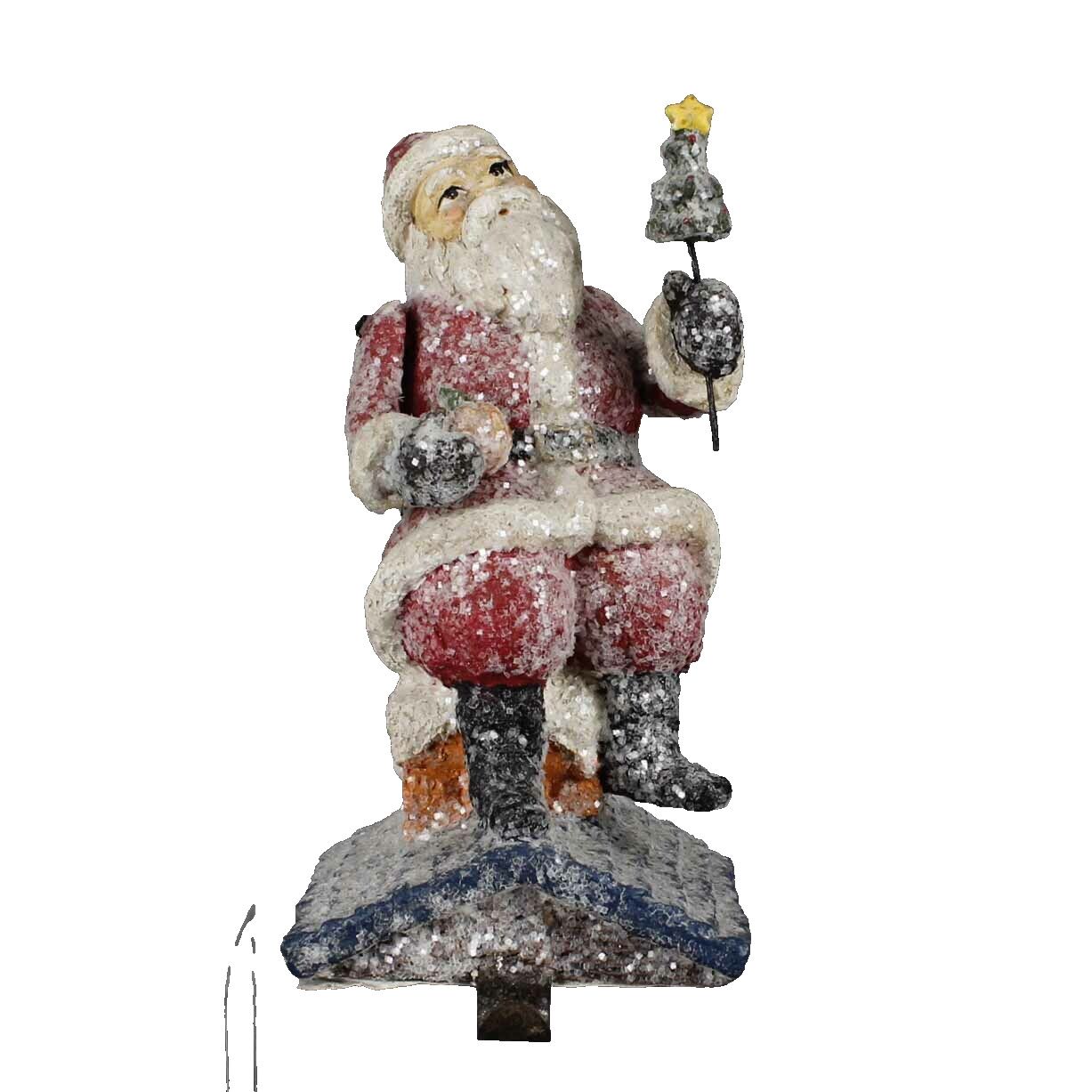 Santa On Chimney Holding Christmas Tree 10" Stocking Hanger