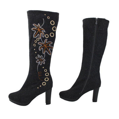 Midnight Velvet Sz 8.5 M Gray Brown Leaf Design Wool Fabric 3.5" Boots