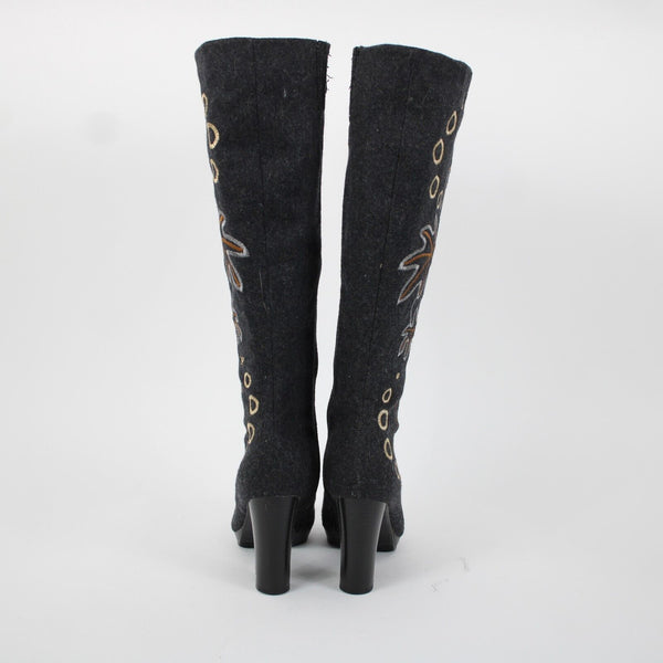 Midnight Velvet Sz 8.5 M Gray Brown Leaf Design Wool Fabric 3.5" Boots