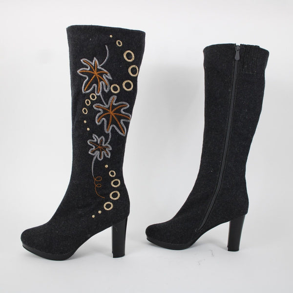 Midnight Velvet Sz 8.5 M Gray Brown Leaf Design Wool Fabric 3.5" Boots