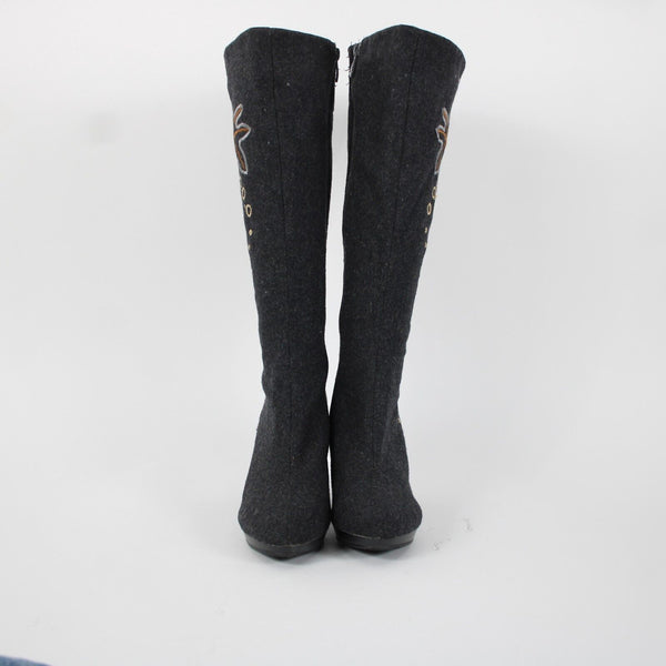 Midnight Velvet Sz 8.5 M Gray Brown Leaf Design Wool Fabric 3.5" Boots