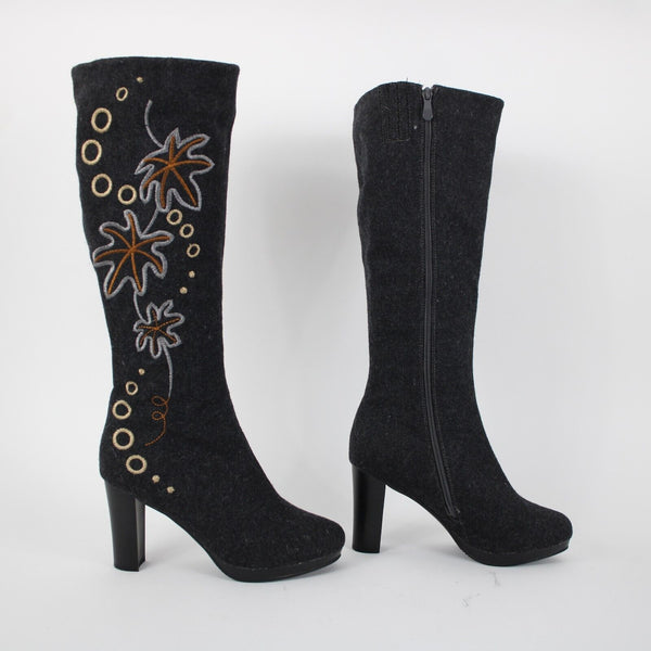 Midnight Velvet Sz 8.5 M Gray Brown Leaf Design Wool Fabric 3.5" Boots