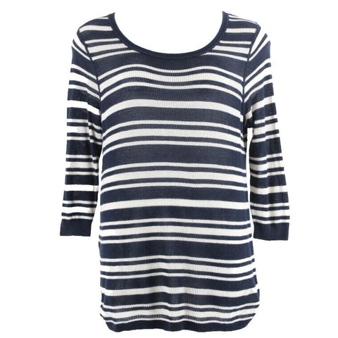 Eddie Bauer Sz 2XL Navy Blue White Open Weave Cotton Blend Sweater Top