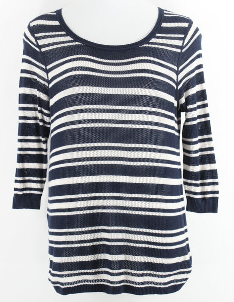 Eddie Bauer Sz 2XL Navy Blue White Open Weave Cotton Blend Sweater Top