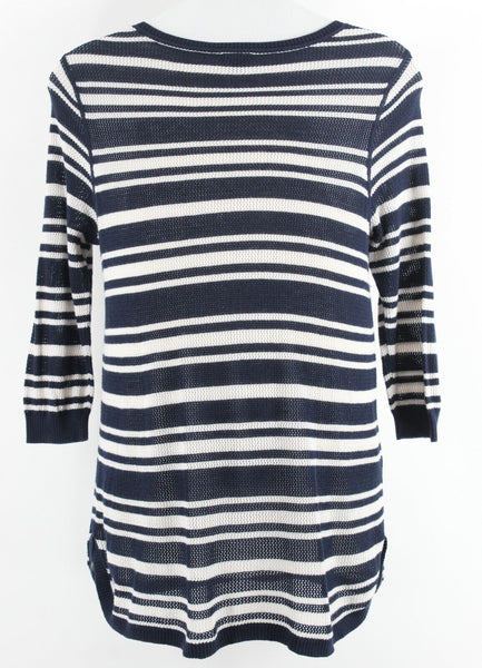 Eddie Bauer Sz 2XL Navy Blue White Open Weave Cotton Blend Sweater Top