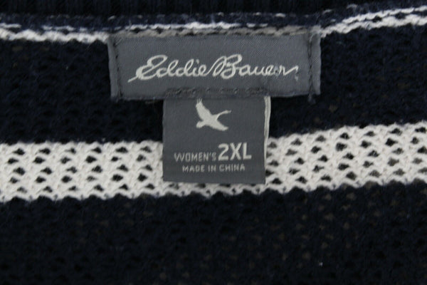 Eddie Bauer Sz 2XL Navy Blue White Open Weave Cotton Blend Sweater Top