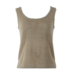 St John Sz P Tan Side Slits Double Scoop Pullover Santana Knit Top