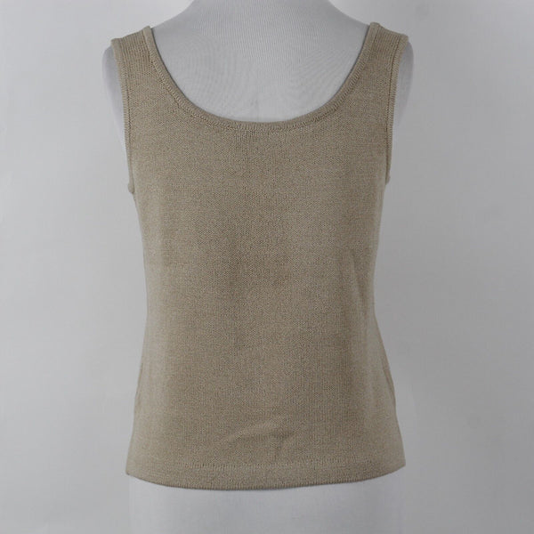 St John Sz P Tan Side Slits Double Scoop Pullover Santana Knit Top