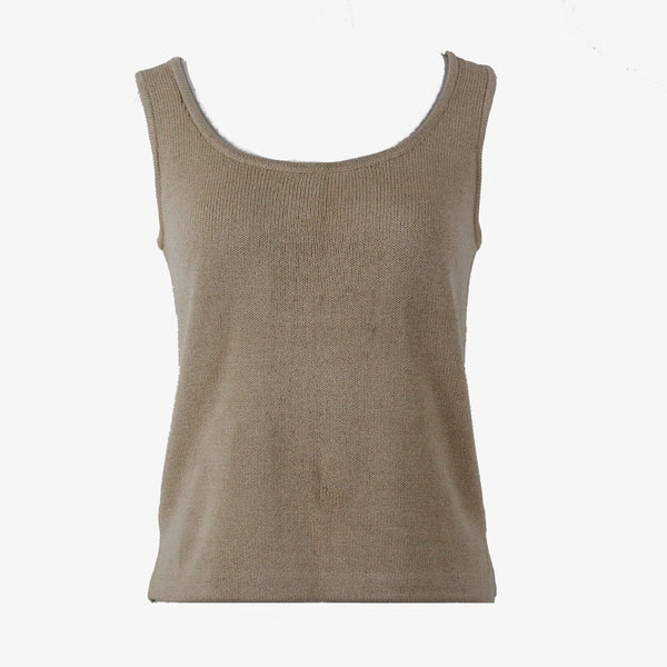 St John Sz P Tan Side Slits Double Scoop Pullover Santana Knit Top